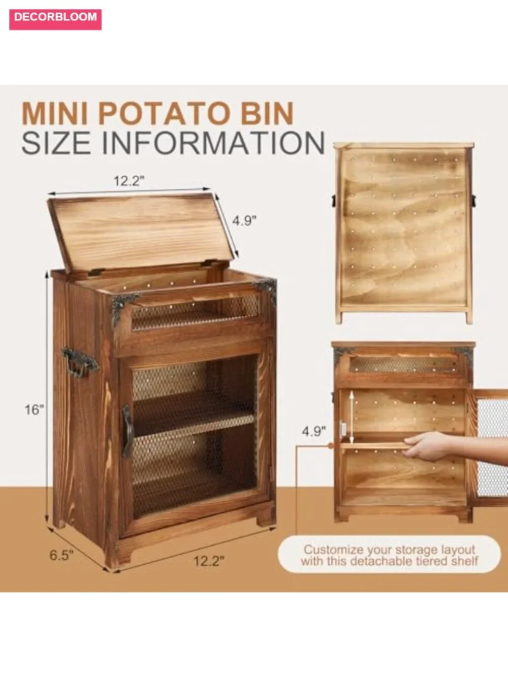 Wood Potato Onion Storage Bin Kitchen Countertop Vegetable Holder